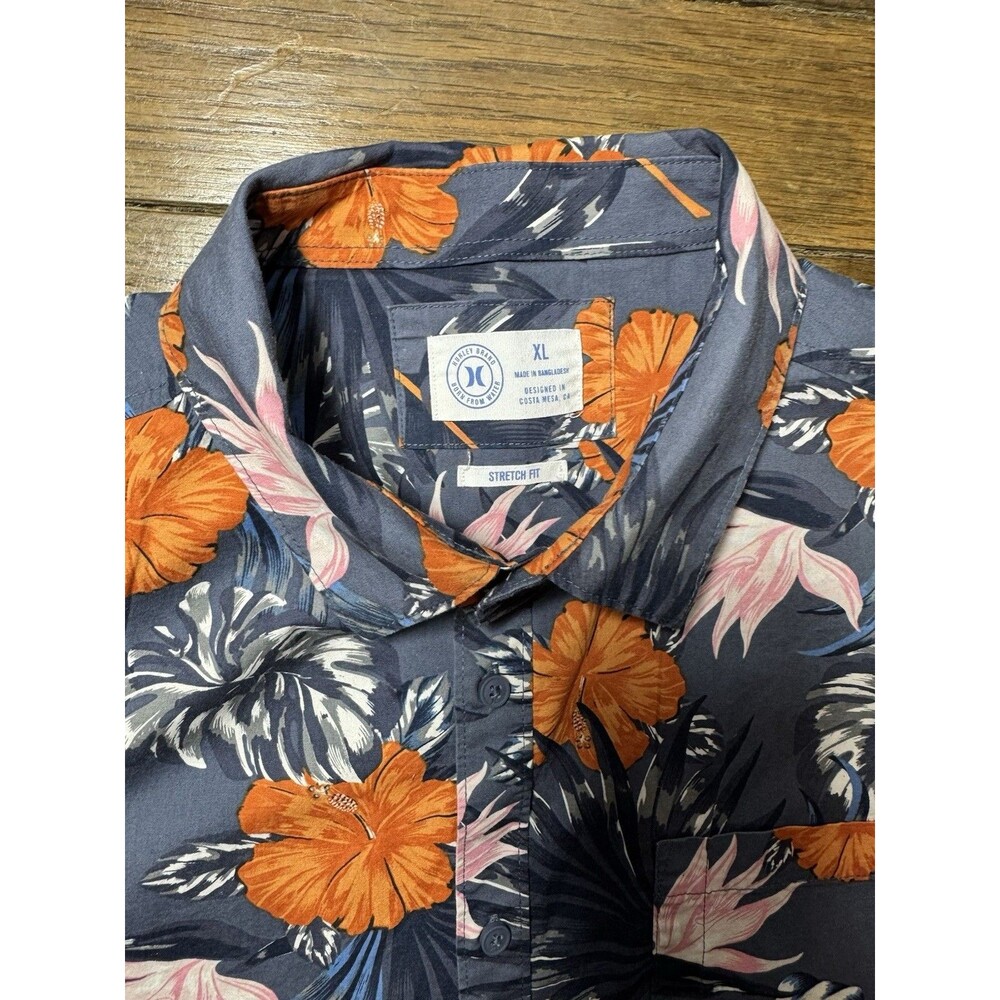 Hurley Hawaiian Shirt Men’s XL Navy Blue Orange Hibiscus Aloha Surf Flor… - Picture 2 of 4